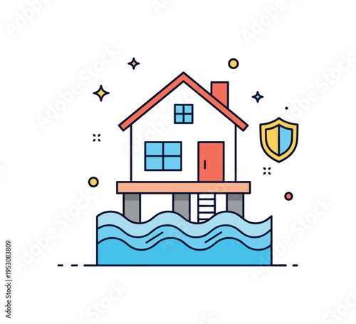 Flood proof house elevation shown as a raised home standing on solid stilts above stylized wave shapes, with a small shield icon reinforcing protection and