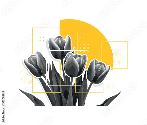 Close-up monochrome tulip flowers in full bloom, layered with a large yellow semicircle and intersecting rectangular geometric blocks, subtle abstract dot