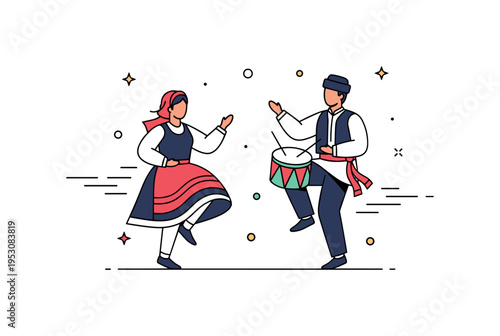 Cultural folk dance performance illustrated by two figures in traditional attire mid step with subtle motion lines and a small drum accent, expressing rhythm