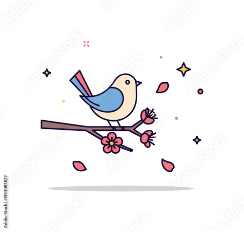Bird on blossoming branch delicate bird perched on a flowering branch with a few falling petals suggesting calm spring air. A gentle editorial icon about