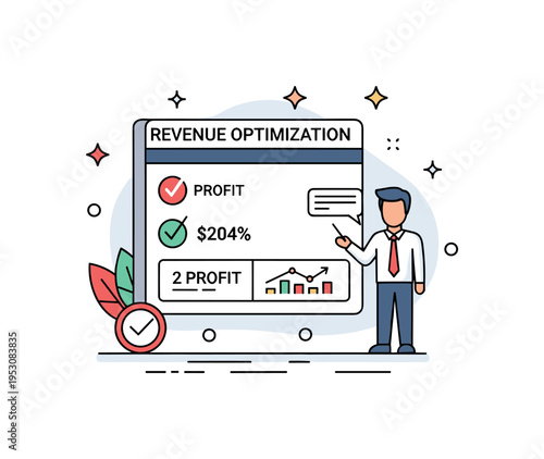 Revenue optimization consultation illustrated by a simplified dashboard with profit indicators and a small checkmark accent, as a consultant figure explains