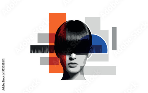 Black and white dramatic fashion close-up of heavy blunt fringe casting shadow over eyes, bold orange vertical rectangle behind the head, cobalt blue