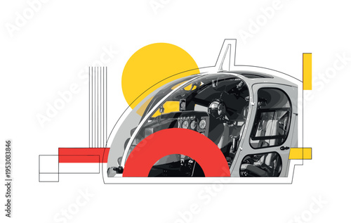 Black and white close-up of helicopter cockpit window in retro photographic style, bold yellow circle partially hidden behind the cabin, red