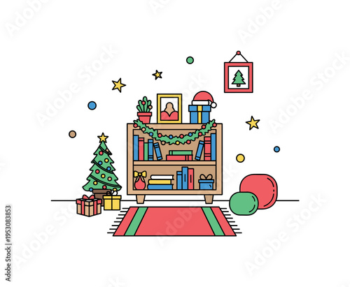 Holiday themed reading corner centered on a small bookshelf with seasonal decor accents and a cozy rug, expressing warmth and celebration within an educational