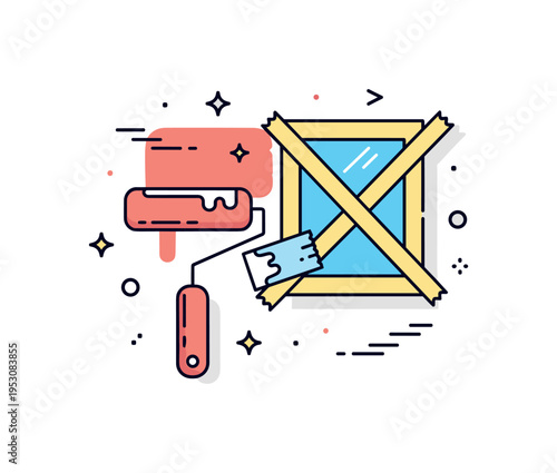 DIY wall painting setup illustrated by a paint roller and a carefully taped window frame, symbolizing protection of surfaces and controlled application. The