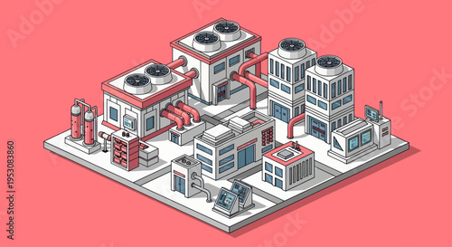 Isometric Industrial Complex with Modern Buildings and Infrastructure.