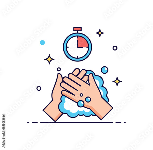 Washing hands with a timer icon above, showing mindful and effective hand hygiene with proper duration, encouraging routine care. Minimalist flat vector