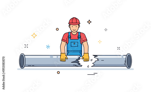 Pipe replacement service plumber installing a new straight pipe segment while the damaged section lies aside, expressing upgrade and improvement. A dynamic