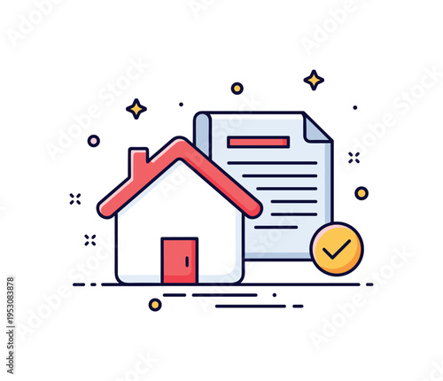 Real estate ownership concept house icon paired with a document sheet and small check mark symbol. A modern badge style illustration about contracts, assets