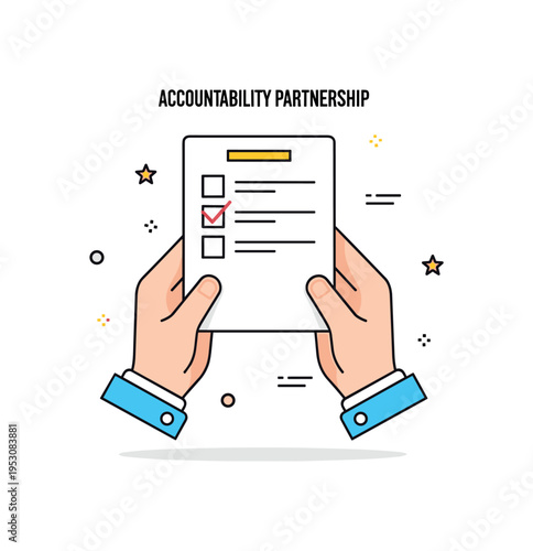 Accountability partnership two hands holding a checklist card with a small check mark highlighted, symbolizing commitment and shared responsibility. A clean