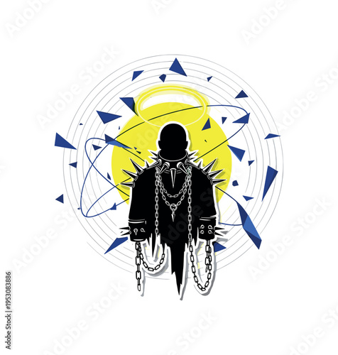 Black and white silhouette wearing spiked accessories and chains, vivid yellow circle halo behind, deep blue geometric shards orbiting around like symbolic