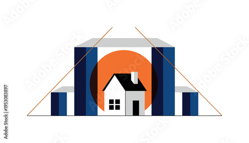 Modern graphic collage of a small black-and-white house centered within abstract geometric shelter shapes, bold orange circle as warm core, navy vertical