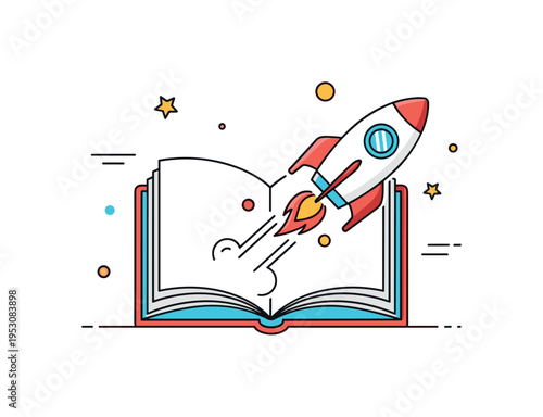 Book rocket imagination concept featuring an open book transforming into a small rocket with subtle flame accents, expressing the power of reading to launch