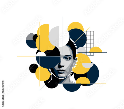 Black and white realistic face partially submerged among abstract flat circles, bold contrasting spheres overlapping in dynamic layers, thin grid lines and