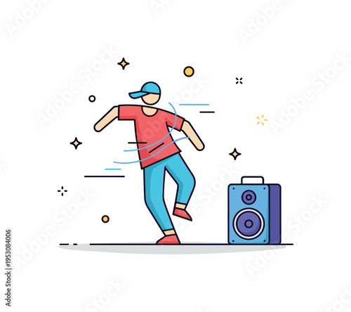 Sidewalk dancer moment centered on a simplified dancing figure with subtle motion lines and a portable speaker nearby, expressing rhythm and urban vitality.