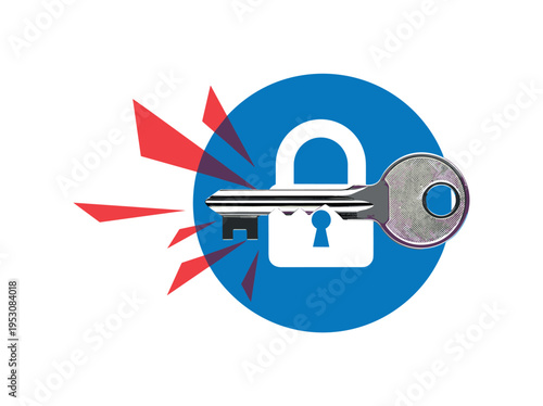 Black and white vintage key inserted into an abstract lock shape, bold cobalt blue circle centered behind, red angular shards subtly radiating to suggest