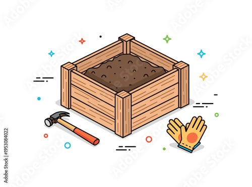 Building raised garden bed wooden boards forming a compact square frame filled with fresh soil, hammer and gloves placed nearby. A practical editorial icon