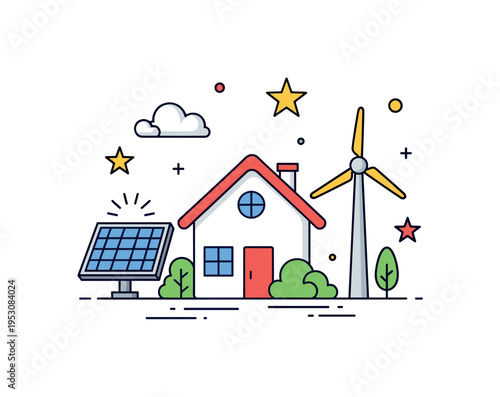 Renewable energy integration compact house paired with a small solar panel and wind turbine icon in balanced composition. A forward thinking badge about clean