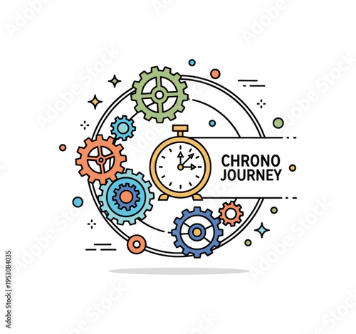 Clockwork time travel badge featuring interlocking gears forming a circular frame around a small antique clock face. Tiny sparkle accents and a ?Chrono