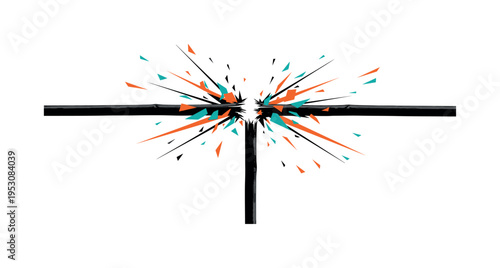 Black and white stick broken into two pieces at center, angular geometric fragments and sharp linear beams bursting outward, vivid orange and teal flat accent