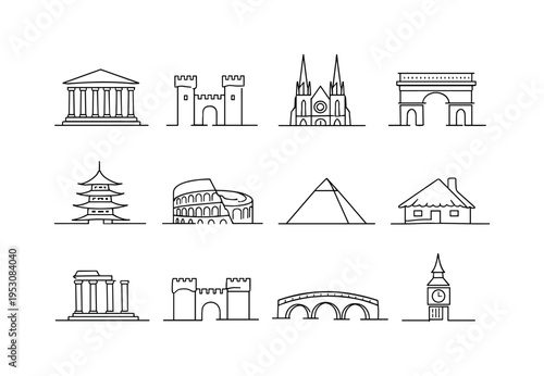 Cultural Heritage Sites. Minimalistic set one-line drawing ancient temple facade, medieval castle silhouette, historic cathedral outline, stone arch monument,