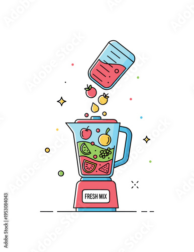Healthy smoothie blending colorful fruits dropping into a blender jar, forming a bright layered mixture with a small label Fresh Mix. A modern visual metaphor
