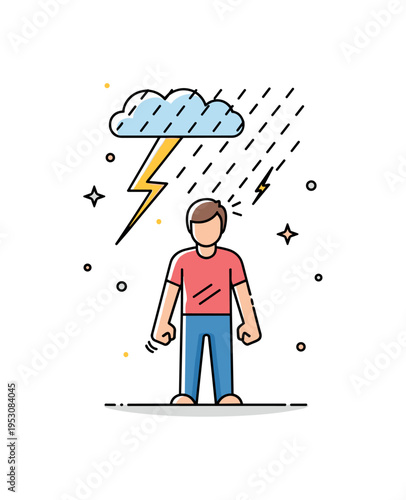 Figure standing under heavy rain with lightning in the background, fists clenched and facing forward, symbolizing confronting adversity and persistence.