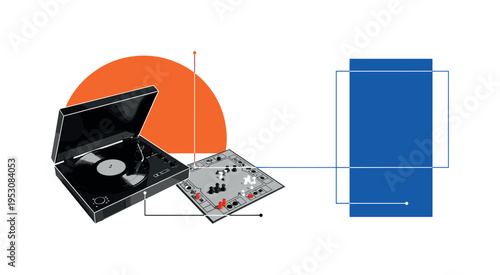 Black and white vinyl record player in corner with board game spread beside it, bold orange semicircle behind record as warm evening accent, blue geometric