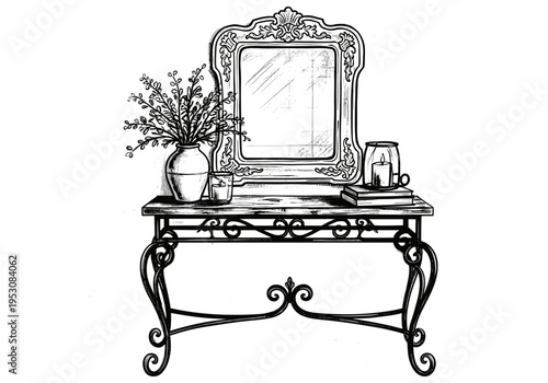 Elegant vintage console table with ornate mirror, vase of flowers, and candles