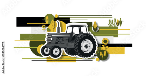 A monochrome retro tractor partially cropped, surrounded by abstract flat circles representing diverse crops, rectangular color blocks layered behind for