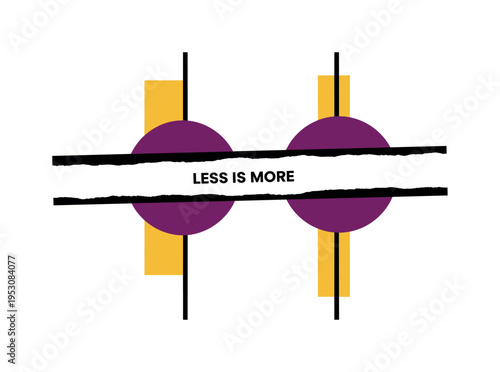 Black and white torn paper strip with a short quote implied visually, intersected by bold circular shapes and flat rectangular color blocks, thin vertical