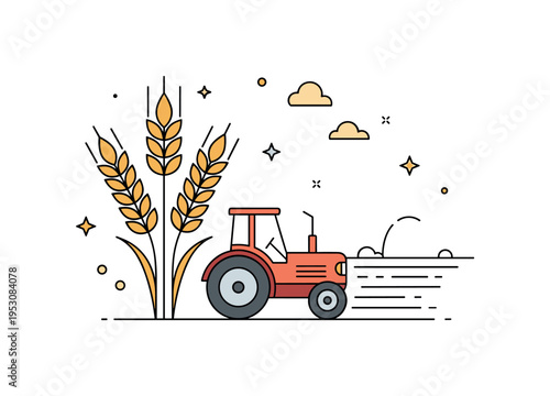 Harvest season tractor concept illustrated by a simple tractor beside stylized wheat stalks and a soft horizon line, symbolizing gathering and abundance. The