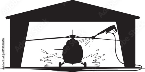 Black helicopter being washed under carport washing