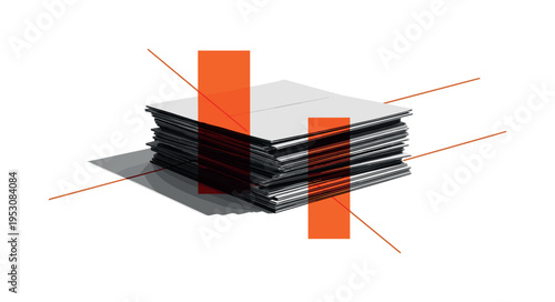 Black and white stack of flattened cardboard boxes ready for recycling, intersected by bold orange abstract blocks and thin diagonal lines creating dynamic