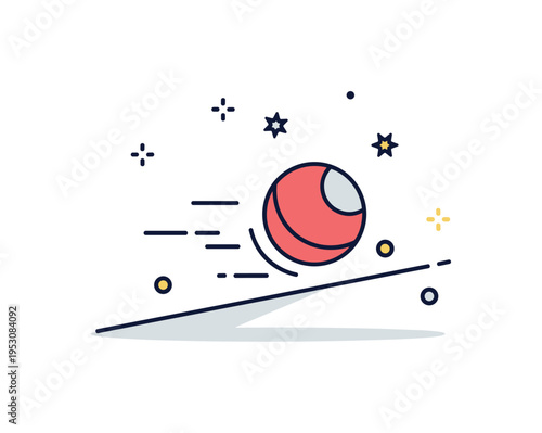 Ball rolling down a gentle slope with tiny motion lines and small decorative dots, emphasizing momentum, joy, and carefree play. Minimalist flat vector