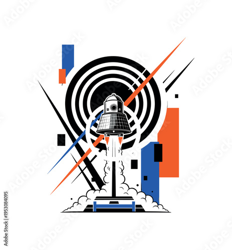 Black and white retro-style space capsule launching from a geometric launch pad, oversized concentric circular halos behind symbolizing ignition power, sharp