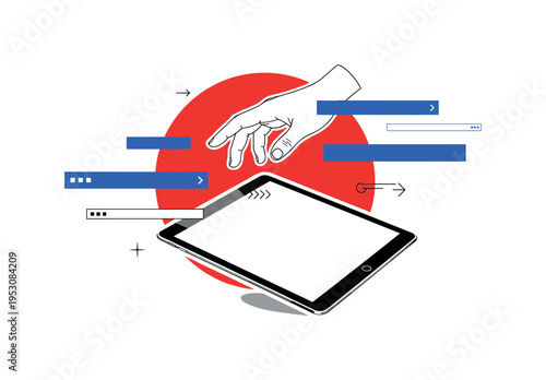 Black and white tablet device angled slightly with a hand hovering above, bold red circle partially cropped behind device, thin blue rectangular blocks
