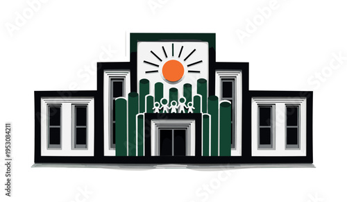 Black and white school building facade simplified into bold shapes, bright orange circle centered above entrance, dark green cylindrical forms and abstract
