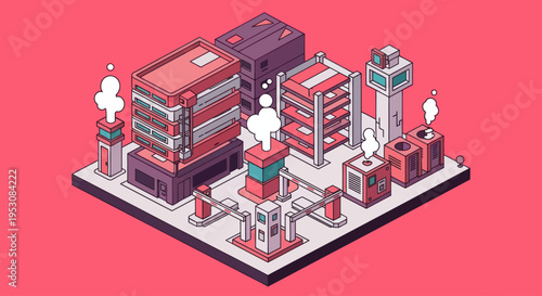 Isometric Industrial Factory Complex with Smokestacks and Buildings.