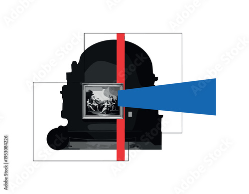 Black and white museum gallery silhouette with classical painting on wall, bold blue rectangle expanding from the frame into abstract space, thin red vertical