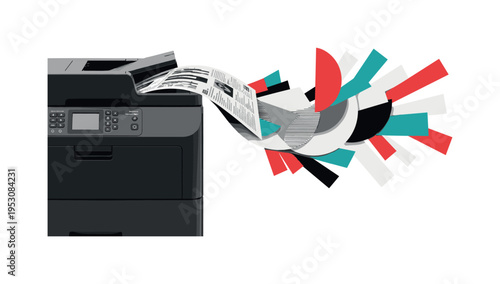 Black and white printer releasing sheets that morph into geometric shapes and flat color blocks, semicircles radiating to imply productivity flow, layered