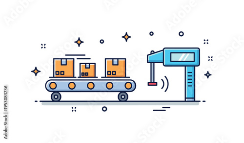 Warehouse automation system illustrated by conveyor belt shapes moving boxes toward a scanning device icon, representing technology driven logistics. The