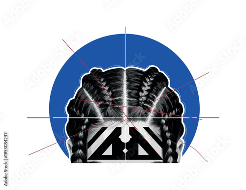 Black and white close-up of braided hair with geometric ethnic ornaments simplified into bold shapes, intense cobalt blue circle framing the upper head, deep