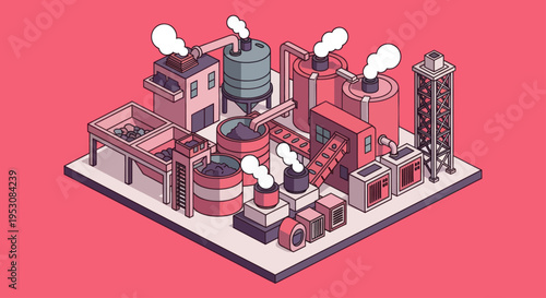Isometric Industrial Factory Complex with Smokestacks and Silos.