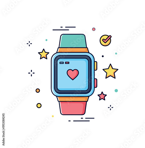 Kids smart watch wearable technology illustrated as a colorful compact watch with playful star accents and a small heart icon on the screen, expressing safety,