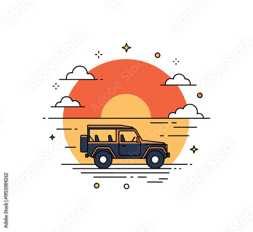 Safari sunset drive illustrated by a jeep silhouette against a bold circular sun shape with subtle horizon line, symbolizing evening game viewing and scenic