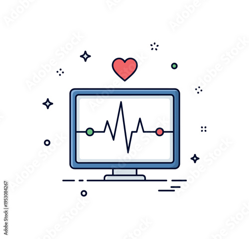 Heartbeat line on medical monitor centered on a clean ECG waveform moving across a compact screen with a small heart icon above, expressing stability, life