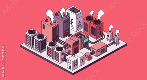 Isometric Industrial Factory Complex with Smokestacks and Tanks.