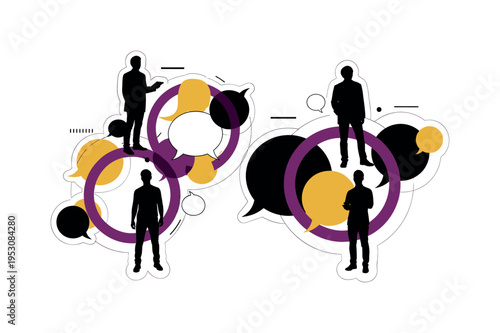 Black and white overlapping speech bubbles between multiple silhouettes, intersected by bold circular halos symbolizing shared understanding, minimal linear