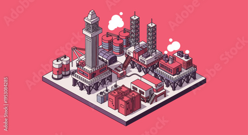 Isometric Industrial Factory Complex with Smokestacks and Warehouses.